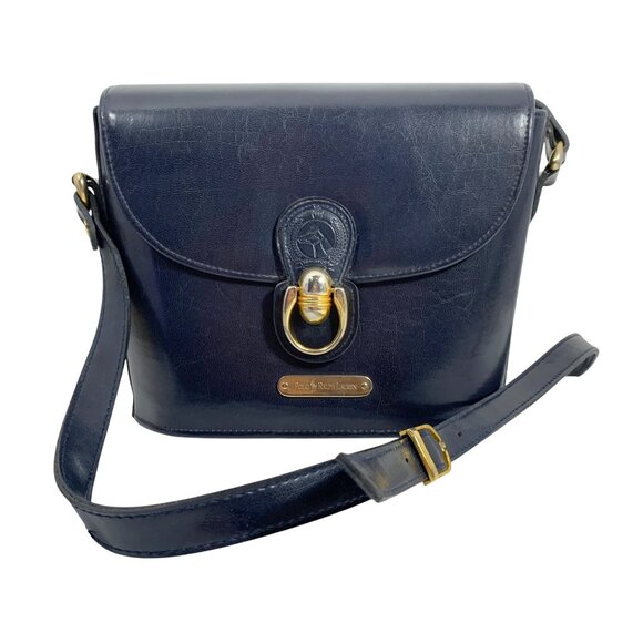 POLO Ralph Lauren Navy Blue Bucket Crossbody Bag Horse Medallian Logo Vintage - Picture 1 of 11